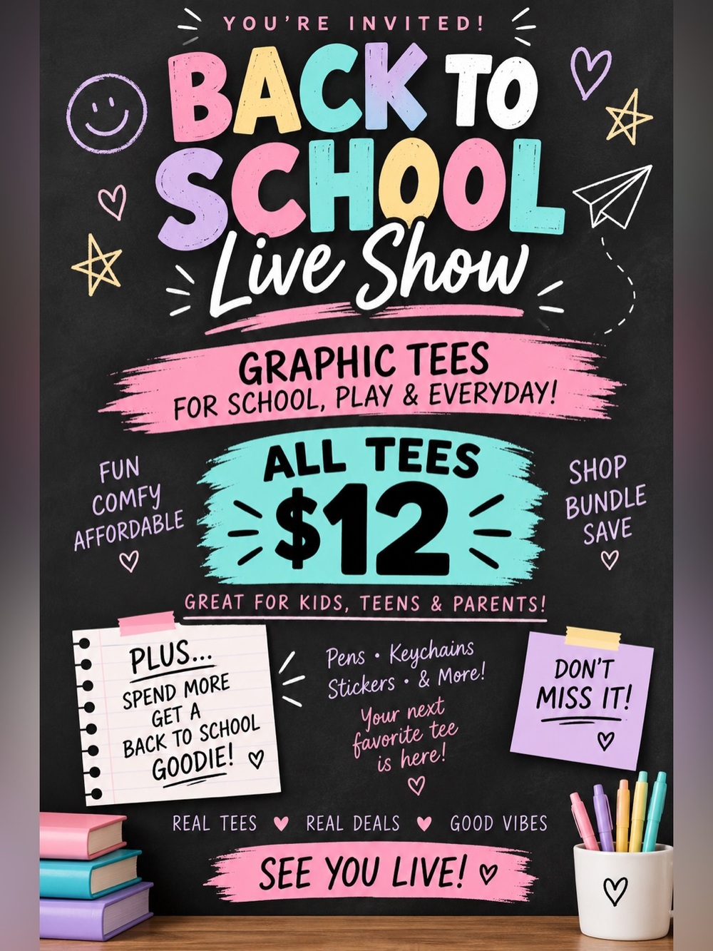 🎒 BACK TO SCHOOL LIVE • $12 Graphic Tees + FREE School Goodies - Picture 1 of 5